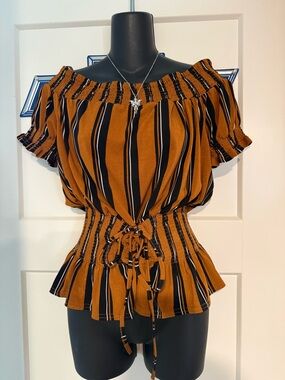 4/$16 Sweet Wanderer Brown and Black Striped Top with Corset style Drawstring